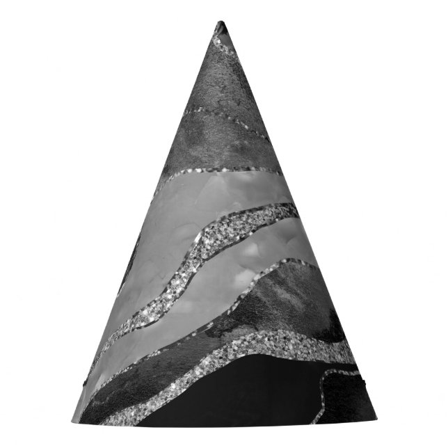Grau Schwarz-weiß Marble Agate Silver Glitzer Glam Partyhütchen (Vorderseite)