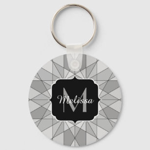 Grau Schwarz Weiß Mosaik Dreieck Muster Monogramm Schlüsselanhänger