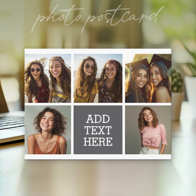 Grau Schwarze 5-Foto-Collage mit Text Postkarte (Photo Postcard that You Can Customize with your favorite photos)