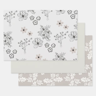Grau schwarzes Retro Y2K Hippie Blumen Muster Geschenkpapier Set