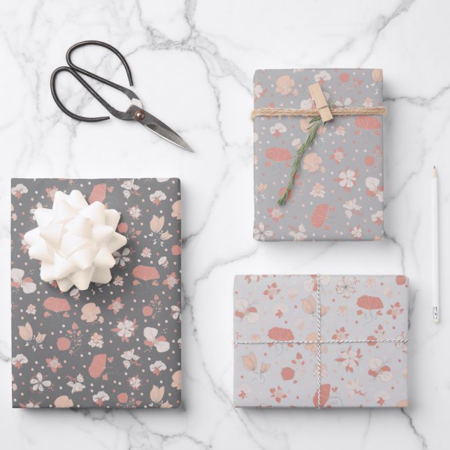 Grau skizzierte Blumen Geschenkpapier Set (Vorderseite)