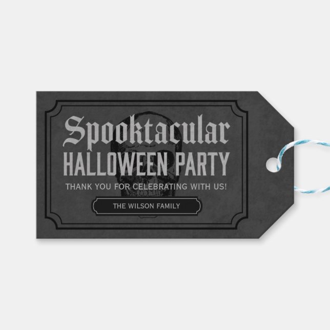 Grau-Skull Spooktacular-Halloween-Party Geschenkanhänger (Vorderseite (Horizontal))