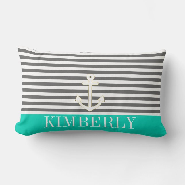 Grau Stripes Seeanker-aquamarines Monogramm Lendenkissen (Vorderseite)