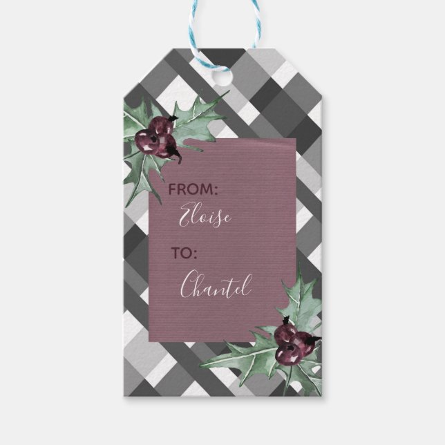 Grau Tartan Lila Blumenweihnachtsurlaub Geschenkanhänger (Vorderseite)