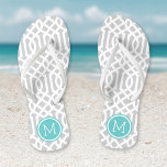 Grau-Türkis-Trellis-Monogramm Flip Flops<br><div class="desc">Maßgeschneiderte,  bedruckte Flop-Sandalen mit einem stilvollen,  modernen Trellis-Muster und einem eigenen Monogramm oder einem anderen Text in einem Kreisrahmen. Klicken Sie auf Anpassen,  um Schriftart und Farben zu ändern oder eigene Bilder hinzuzufügen,  um ein einzigartiges Design zu erstellen!</div>