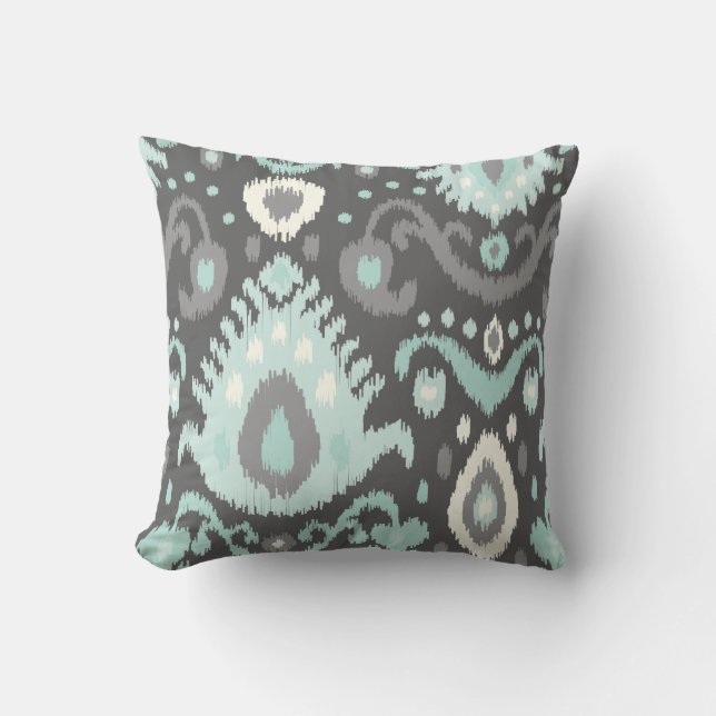 Grau und Aqua Ikat Print Kissen (Vorderseite)