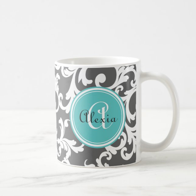 Grau und Aqua Mit Monogramm Damask Print Kaffeetasse (Rechts)