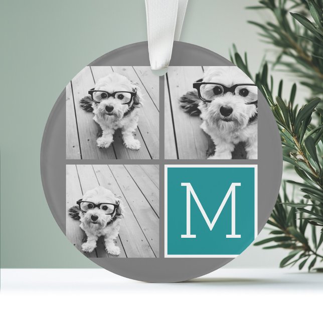 Grau und Aquamarine Instagram-FotoCollage Monogram Ornament (Personalized Photo Ornament)