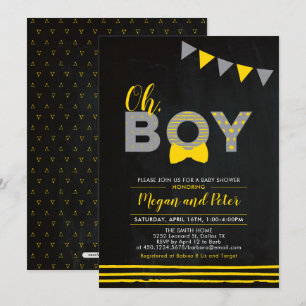 Grau und Gelb Tafel "Oh Boy" Babydusche Einladung