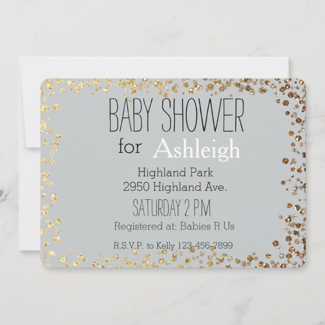 Grau und GoldGlitzer Bokeh Babydusche Einladung (Vorderseite)