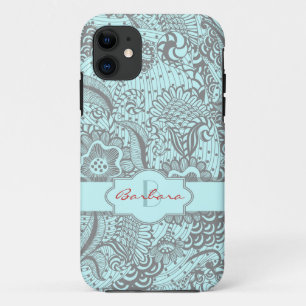 Grau-und hellblaue Abstrakte Blumenmonogramm iPhone 11 Hülle