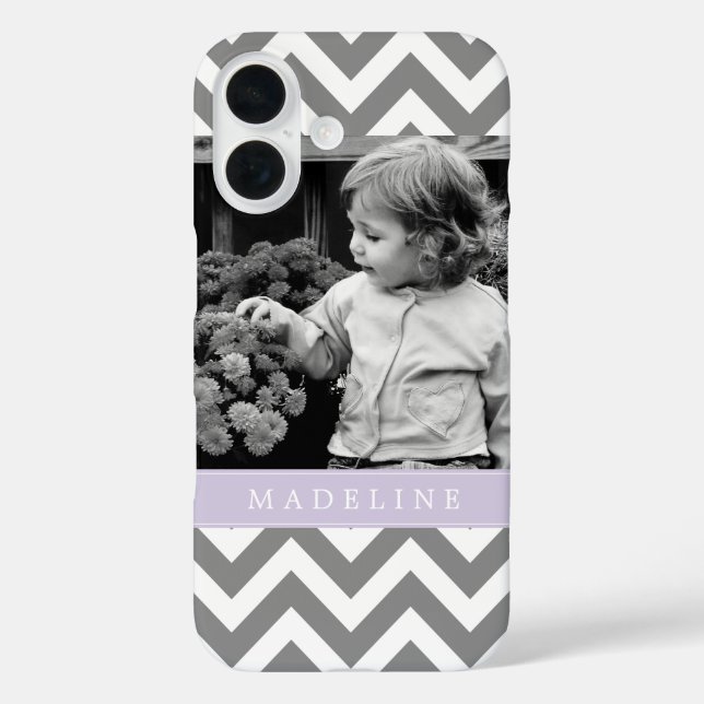 Grau und Lavender Zigzags Personalisiertes Foto iPhone 16 Hülle (Rückseite)