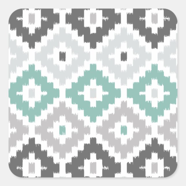Grau und Minze Tribal Print Ikat Diamond Muster Quadratischer Aufkleber (Vorderseite)
