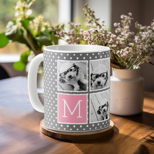 Grau- und Rosa-5-Foto-Collage mit Monogramm Kaffeetasse