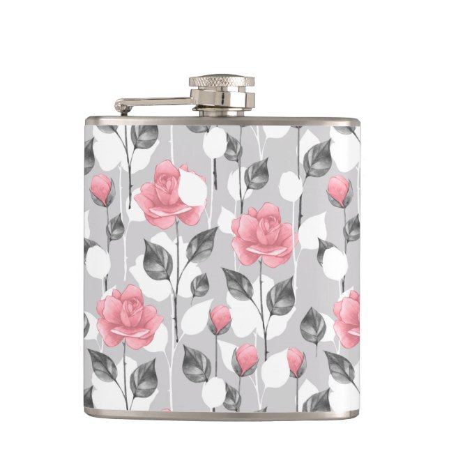 Grau und rosa. Blumenmuster Flachmann (Vorderseite)