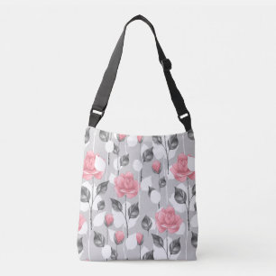 Grau und Rosa. Blumenmuster Tragetaschen Mit Langen Trägern