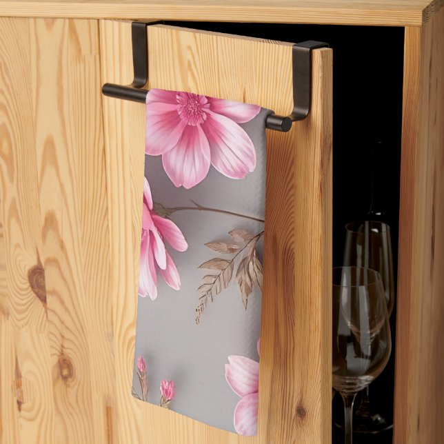 Grau und Rosa floral  Geschirrtuch (Drittel gefaltet)