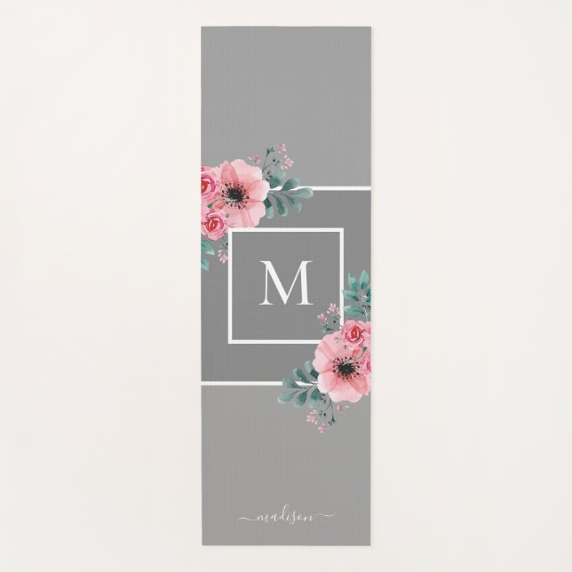 Grau und Rosa | Monogramm der Aquarellfarben-Blume Yogamatte (Vorderseite)