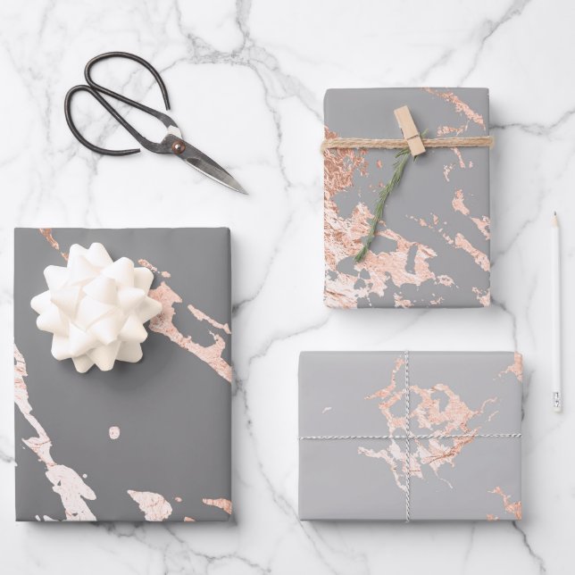 Grau und Rose Gold Marmor Look Geschenkpapier Set (Vorderseite)