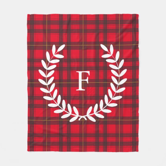 Grau und Rot Tartan White Laurel | PERSONALISIERT Fleecedecke (Vorderseite)
