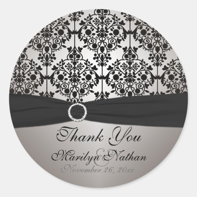 Grau und schwarz Damask 3" Rundaufkleber Runder Aufkleber (Vorderseite)