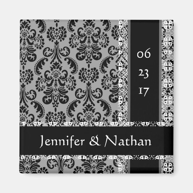 Grau und Schwarz Damask Hochzeitsmagnet Magnet (Vorne)