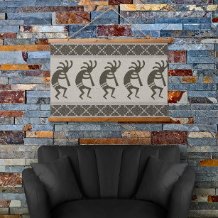 Grau und Schwarz Südwest Kokopelli Aztec Muster Wandteppich Mit Holzrahmen