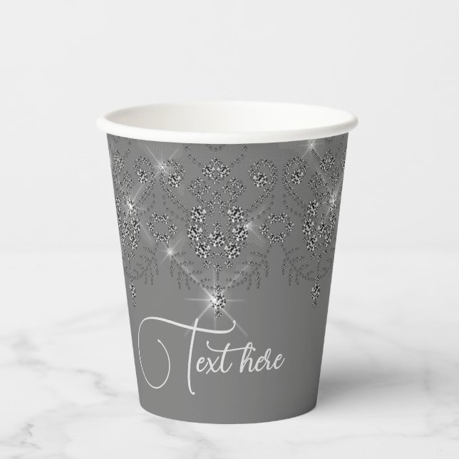Grau und silber Spitzen eleganter Funkel Diamant Pappbecher (Vorderseite)