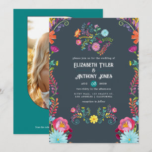 Grau und Türkis florale mexikanische Fiesta-Hochze Einladung