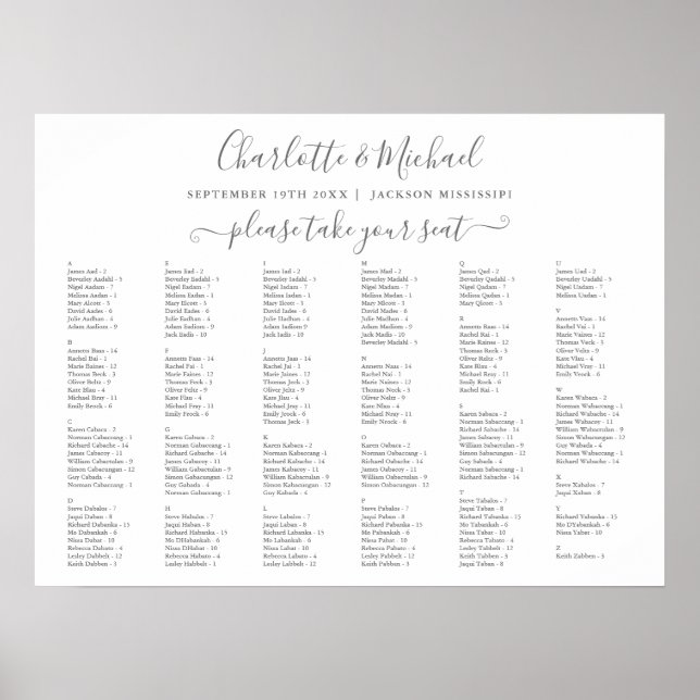 Grau und weiß 200 Namen Hochzeitskarte Poster (Vorne)