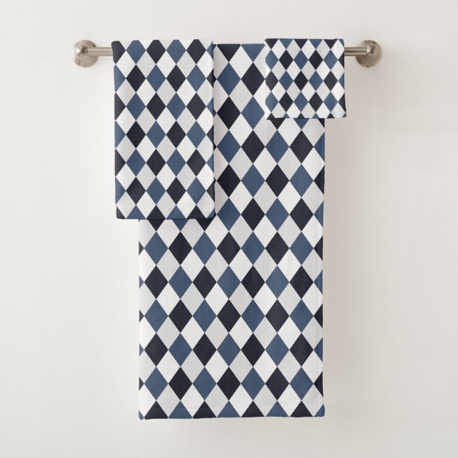 Grau und Weiß Harlequin Diamant-Muster Badhandtuch Set (Insitu)