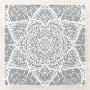 Grau und Weiß Mandala - Loergano Glasuntersetzer