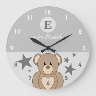 Grau und weiß mit süßen Teddy Sternen Babynamen Große Wanduhr