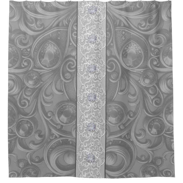 Grau Velvet, Spitzen und Diamanten Duschvorhang (Vorderseite)