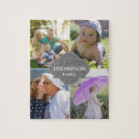 Grau-vertikale FotoCollage der 4-Familie<br><div class="desc">Passen Sie dieses Puzzle mit Fotos an, schließen Sie Ihr Lieblings-Foto der Kinder, Großeltern, Eltern, Haustiere etc. ein. Bis zu 4 Bilder zu ersetzen. Ändern Sie alle Fotos und Familiennamen. Macht ein großartiges Geschenk für die Familienzeit. Ein Graues Label Rahmen Design Detail in der Mitte. *Bitte zögern Sie nicht, mich...</div>