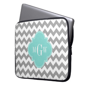 Grau Weiß Chevron Aqua Türkis Vierpass 3 Monogramm Laptopschutzhülle