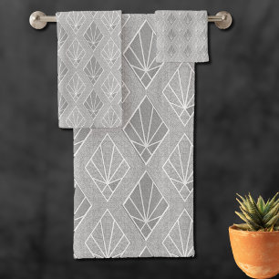 Grau & Weiß Diamanten Art Deco Muster Badhandtuch Set