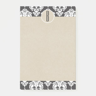 Grau Weiß Glamour Damast Kraft Monogramm Initiale Post-it Klebezettel