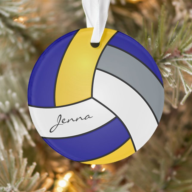 Grau, Weiß, Gold und Blauer Volleyball Ornament (Baum)