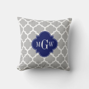 Grau Weiß Marokkanisch #5 Navy 3 Anfangsmonogramm Kissen