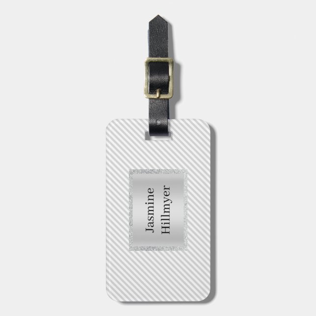 GRAU WEISS STRIPE GLITZER CUSTOM LUGGAGE TAG GEPÄCKANHÄNGER (Vorderseite vertikal)