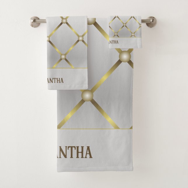 Grau-weiß und goldenes geometrisches Mesh Badhandtuch Set (Insitu)