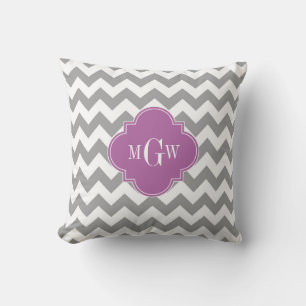 Grau Weiße Chevron-Orchideen-Quatrefoil-3-Monogram Kissen
