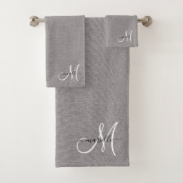 Grau-weiße Monogram-Imitate Badhandtuch Set