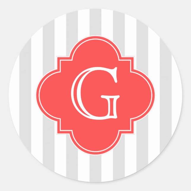 Grau-weiße Streifen Korallenrot-Monogramm-Etikett Runder Aufkleber (Vorderseite)