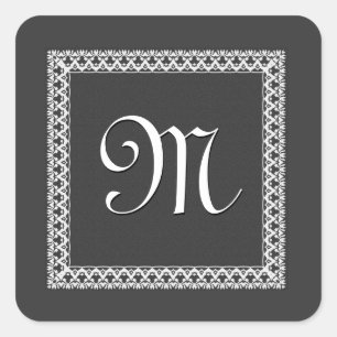 Grau-weiße Verzierte Monogramm-Quadrat-Aufkleber Quadratischer Aufkleber