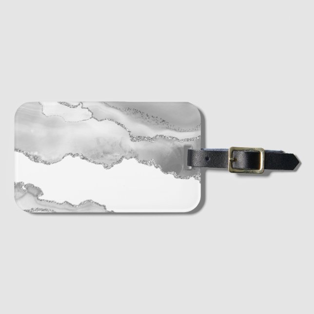Grau-weißer Marmor Agate Simple Silver Sparkle Gepäckanhänger (Vorderseite (Horizontal))