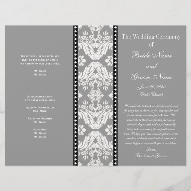 Grau-weißes Damast-Hochzeitsprogramm (Vorderseite)
