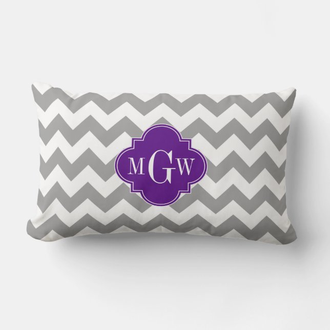 Grau Welches Zickzack Lila Quatrefolie 3 Monogramm Lendenkissen (Vorderseite)