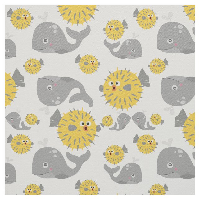 Grau Whale & Blowfish Cartoon Baby Pattern Stoff (Muster)